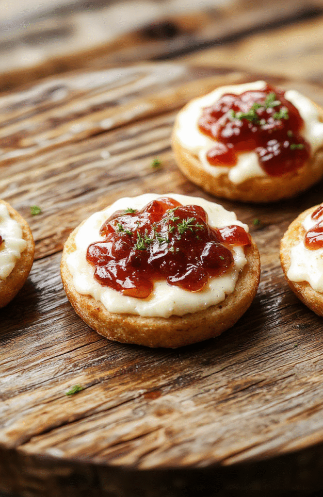 A vibrant spread of creamy white cream cheese topped with glossy, bright red pepper jelly drizzled over a neatly arranged platter of golden-brown crackers and fresh green herbs. The scene is styled casually on a rustic wooden table, with a few scattered pepper jelly spoons and a leafy garnish, showcasing textures from smooth cheese to shiny jelly and crispy crackers.