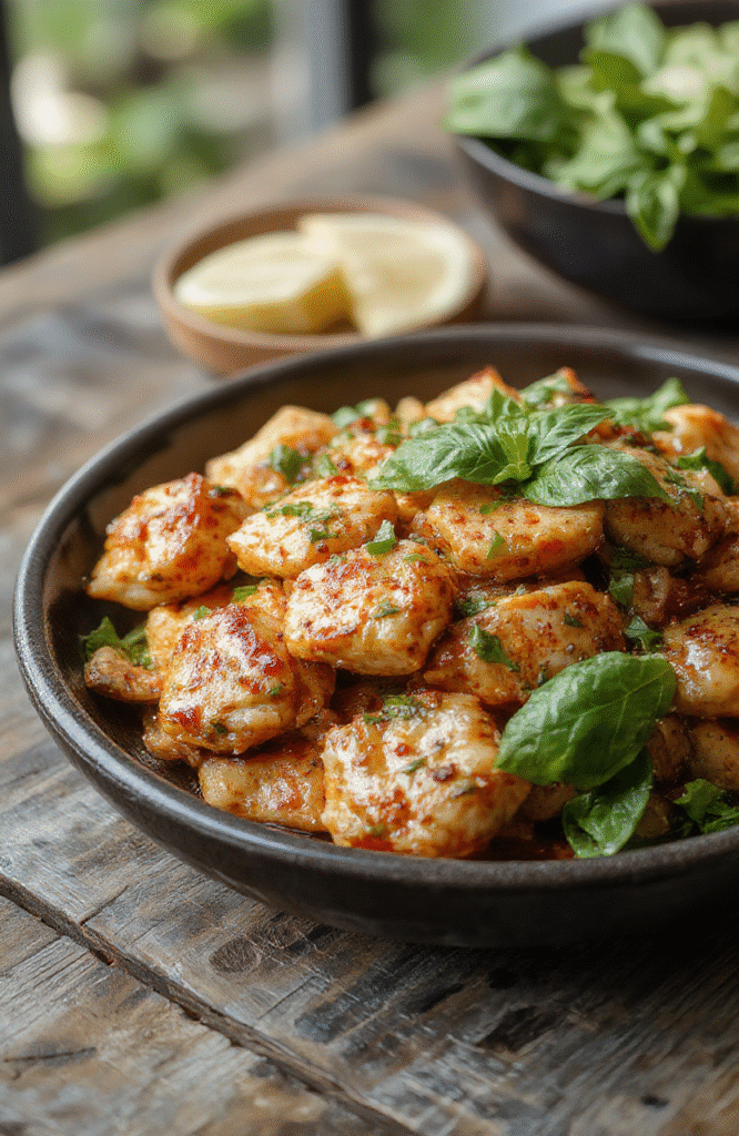 A vibrant plate of Thai Basil Chicken featuring glossy stir-fried chicken strips with fresh green basil leaves, red chili slices, and a savory sauce, all arranged on a white ceramic plate. The background showcases a rustic wooden table with a hint of greenery, emphasizing the freshness and bold colors of the dish. Textural contrast between tender chicken and aromatic herbs makes it look appetizing and inviting.