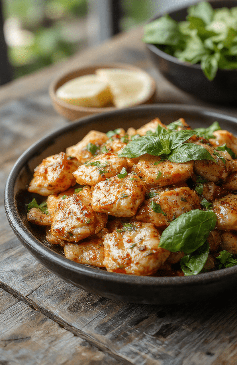 A vibrant plate of Thai Basil Chicken featuring glossy stir-fried chicken strips with fresh green basil leaves, red chili slices, and a savory sauce, all arranged on a white ceramic plate. The background showcases a rustic wooden table with a hint of greenery, emphasizing the freshness and bold colors of the dish. Textural contrast between tender chicken and aromatic herbs makes it look appetizing and inviting.