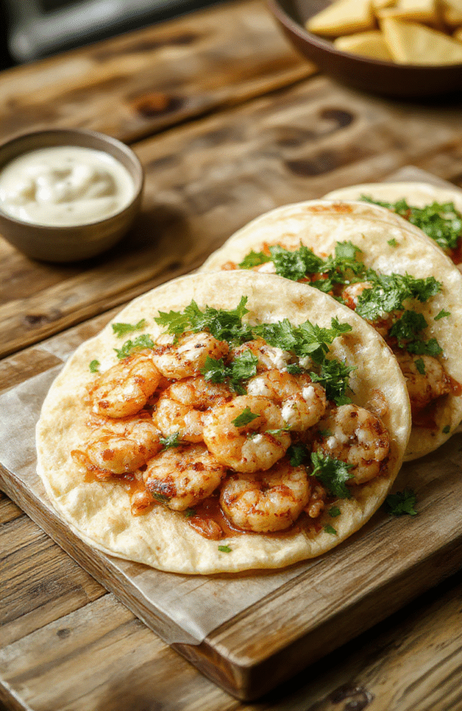 A vibrant plate of shrimp tacos with golden toasted tortillas filled with pink shrimp, fresh lettuce, cherry tomato slices, and drizzled with creamy sauce, set against a rustic wooden table with colorful garnishes and lime wedges.
