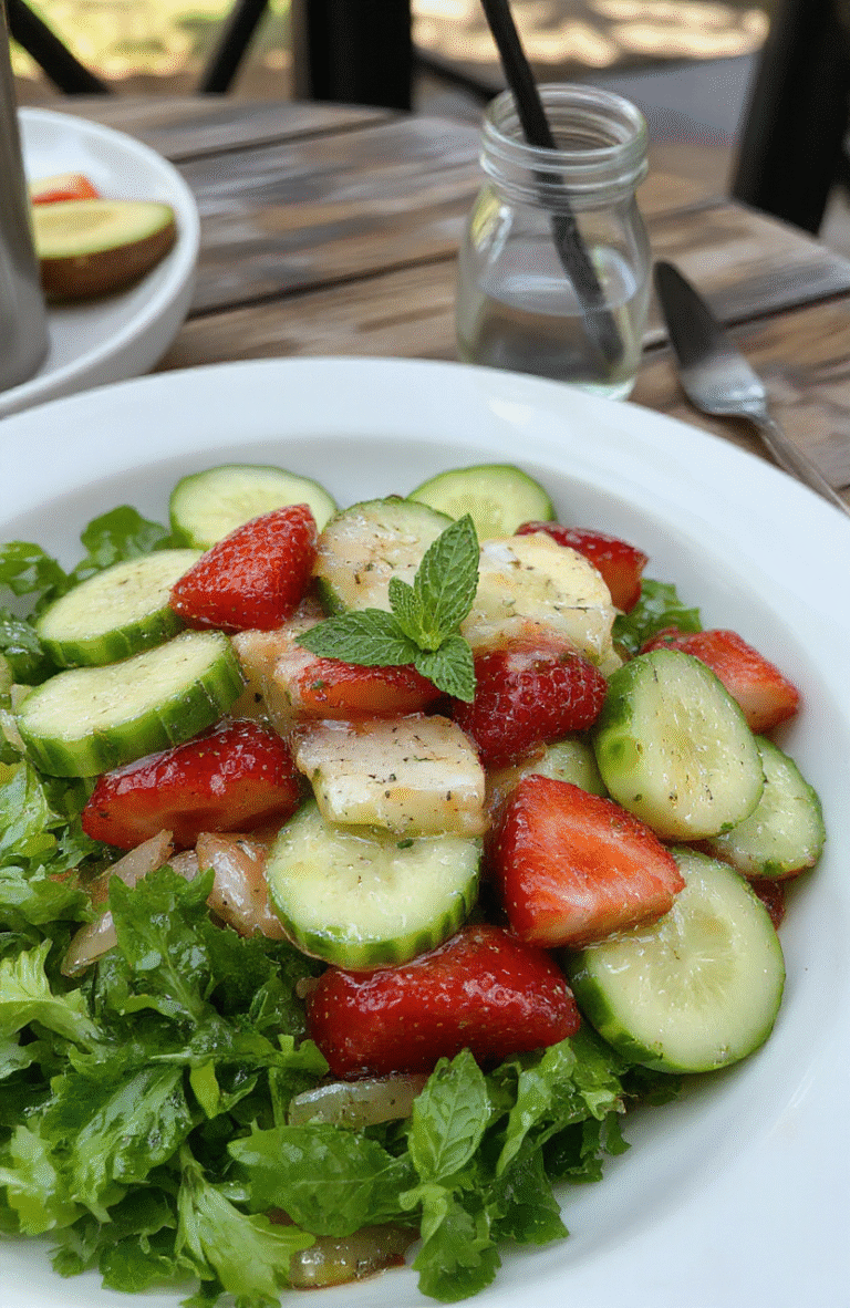 A vibrant summer salad featuring thinly sliced crisp cucumbers and juicy strawberries arranged on a white ceramic plate with a drizzle of honey-lime dressing, garnished with fresh mint leaves. The colors are bright with red strawberries and green cucumbers contrasting against a light background, styled casually to emphasize freshness and appeal.
