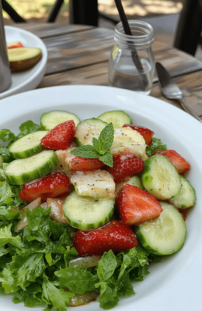A vibrant summer salad featuring thinly sliced crisp cucumbers and juicy strawberries arranged on a white ceramic plate with a drizzle of honey-lime dressing, garnished with fresh mint leaves. The colors are bright with red strawberries and green cucumbers contrasting against a light background, styled casually to emphasize freshness and appeal.