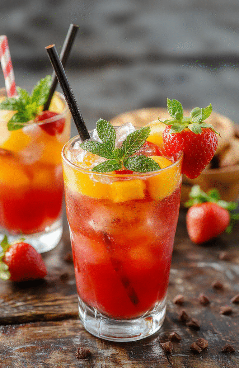Vibrant tall glass filled with icy pink and orange mango, strawberry, and lemon slices, topped with fresh mint, condensation on the glass, set on a rustic wooden surface with colorful fruits around, capturing the cool, refreshing appeal of summer drinks.