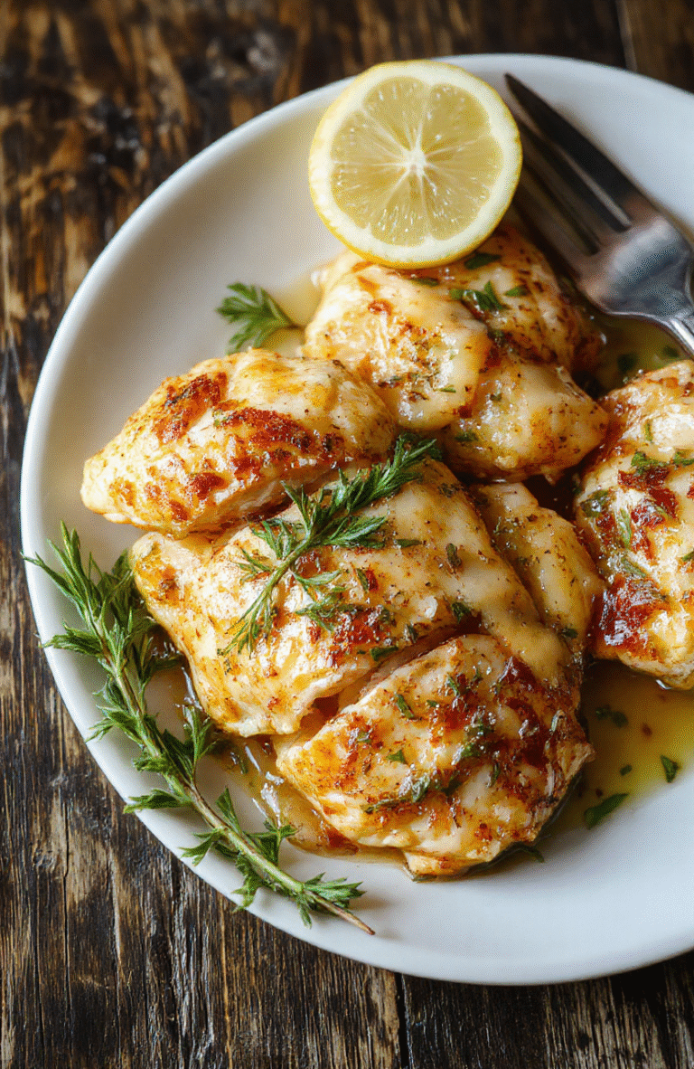 A plated rosemary chicken dijon dish featuring tender chicken breasts topped with fresh rosemary sprigs and a creamy Dijon sauce, garnished with lemon slices. The dish is beautifully arranged on a rustic white plate against a neutral wooden background, with vibrant green herbs and a drizzle of sauce highlighting textures and colors, styled simply for a warm, inviting presentation.