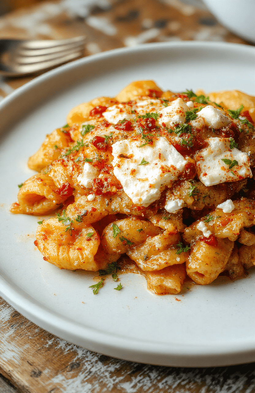 A vibrant plate of baked feta and colorful vegetables on a rustic wooden surface, showcasing creamy feta cheese melting into tender pasta, garnished with fresh herbs, styled simply with natural lighting emphasizing textures and colors.