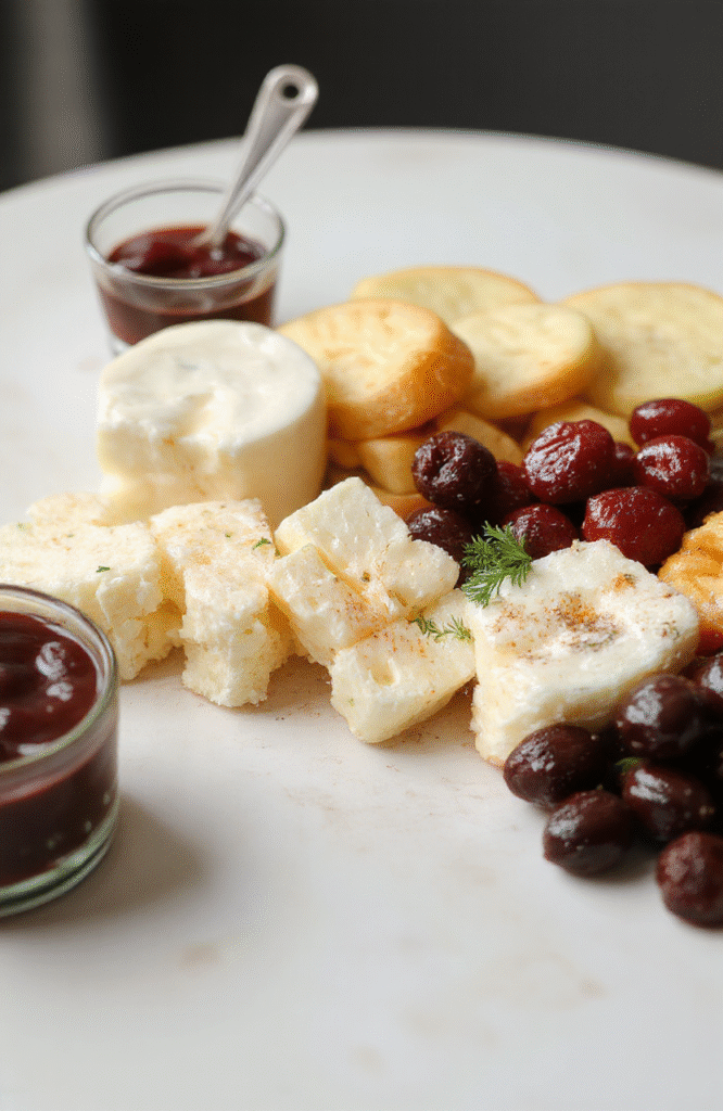 A colorful kid-friendly summer cheese board featuring assorted cheeses, fresh fruits, crackers, and veggie sticks arranged on a vibrant wooden platter, styled with playful garnishes and bright summer accents, set against a light background with a cheerful summery vibe.