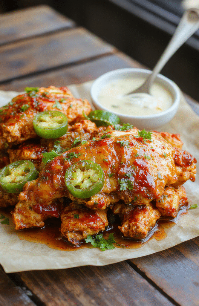 A vibrant plate of spicy jalapeño chicken garnished with fresh cilantro and lime, set on a rustic wooden table. The chicken is golden-brown with sizzling jalapeños, glossy with a flavorful glaze, and served with colorful vegetables and a side of rice, styled casually with natural lighting highlighting textures and colors.