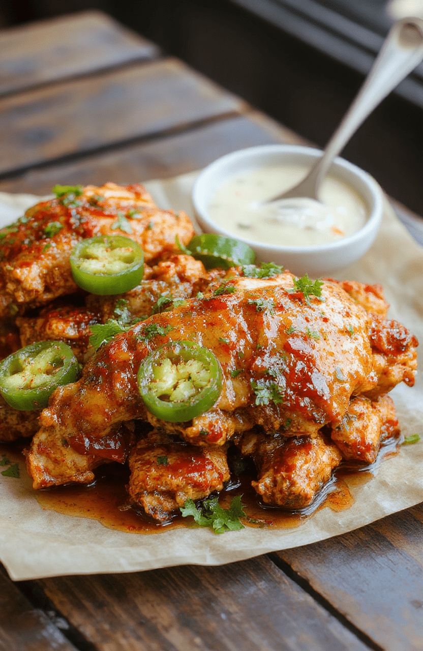 A vibrant plate of spicy jalapeño chicken garnished with fresh cilantro and lime, set on a rustic wooden table. The chicken is golden-brown with sizzling jalapeños, glossy with a flavorful glaze, and served with colorful vegetables and a side of rice, styled casually with natural lighting highlighting textures and colors.