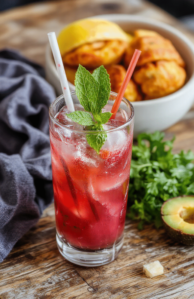 A vibrant pink Flamingo Refresher in a clear glass with ice, garnished with a fresh citrus slice and a pink straw, set on a light wooden table with a blurred background of summer elements, textured surface, and soft natural lighting highlighting the drink's bright color and refreshing look.