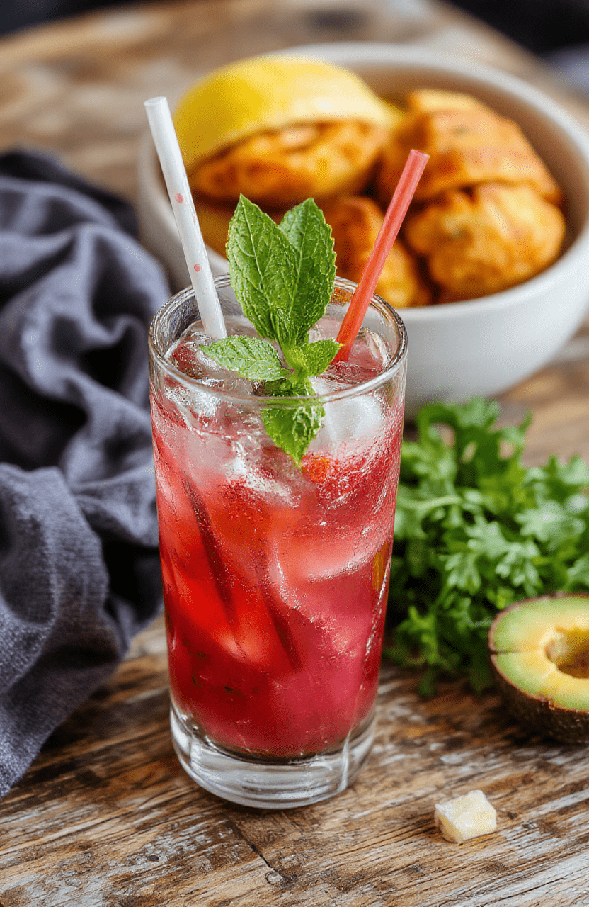 A vibrant pink Flamingo Refresher in a clear glass with ice, garnished with a fresh citrus slice and a pink straw, set on a light wooden table with a blurred background of summer elements, textured surface, and soft natural lighting highlighting the drink's bright color and refreshing look.