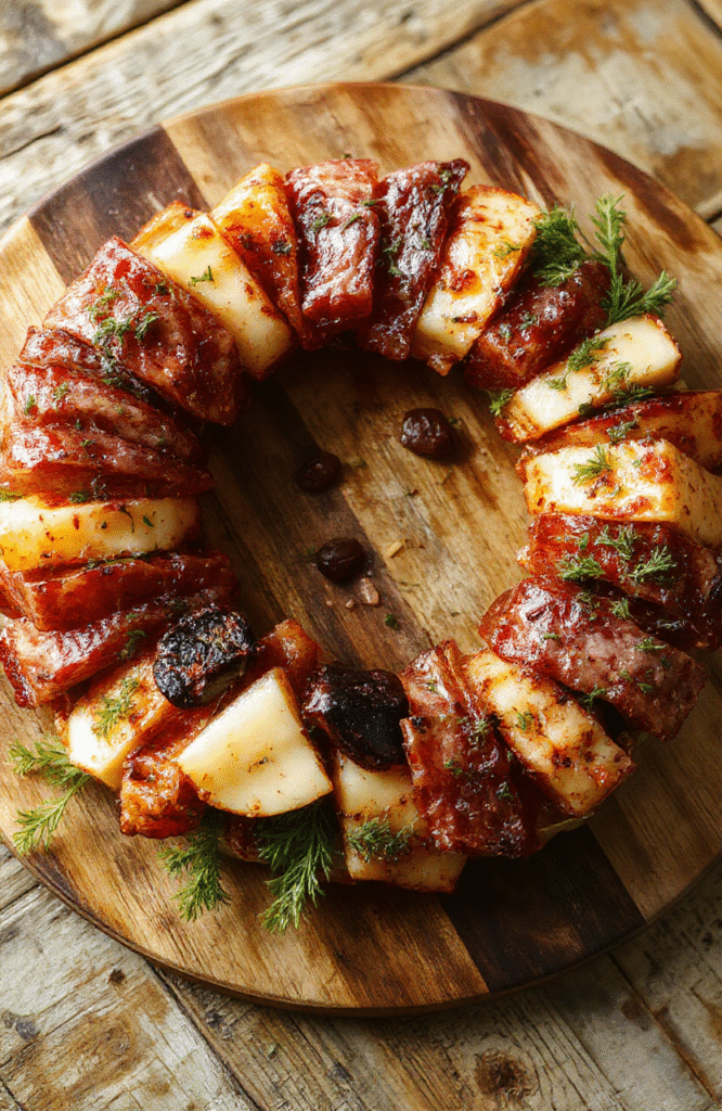 A vibrant charcuterie wreath arranged on a wooden serving board, featuring colorful slices of cured meats, assorted cheeses, fresh grapes, nuts, and herbs, styled in a circular pattern with a rustic, inviting feel.