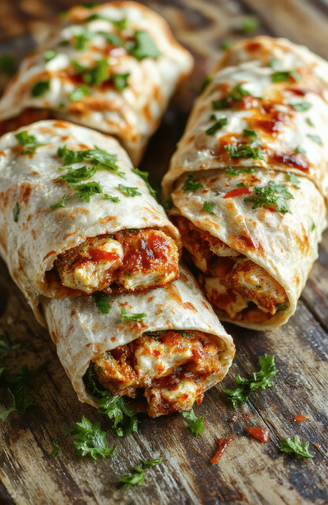 Colorful sweet chili chicken wraps arranged on a white plate, featuring crispy chicken slices, vibrant fresh vegetables, and drizzled sweet chili sauce, with a rustic wooden background and natural light emphasizing textures and glossy sauce.