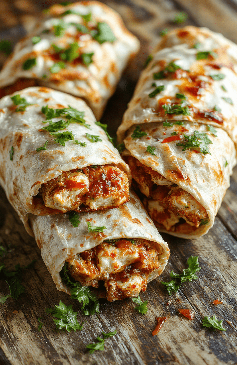 Colorful sweet chili chicken wraps arranged on a white plate, featuring crispy chicken slices, vibrant fresh vegetables, and drizzled sweet chili sauce, with a rustic wooden background and natural light emphasizing textures and glossy sauce.