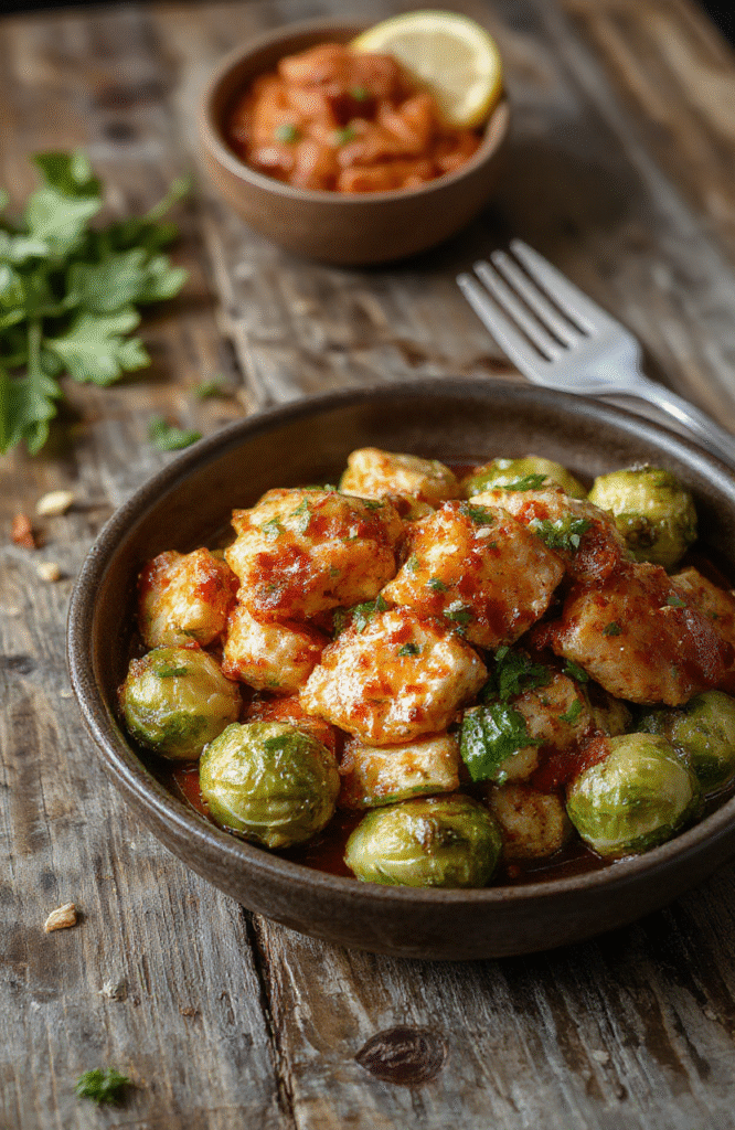 A vibrant plate featuring golden-brown air fryer chicken glazed with glossy sweet chili sauce, surrounded by caramelized crispy Brussels sprouts, garnished with chopped green onions on a rustic wooden table
