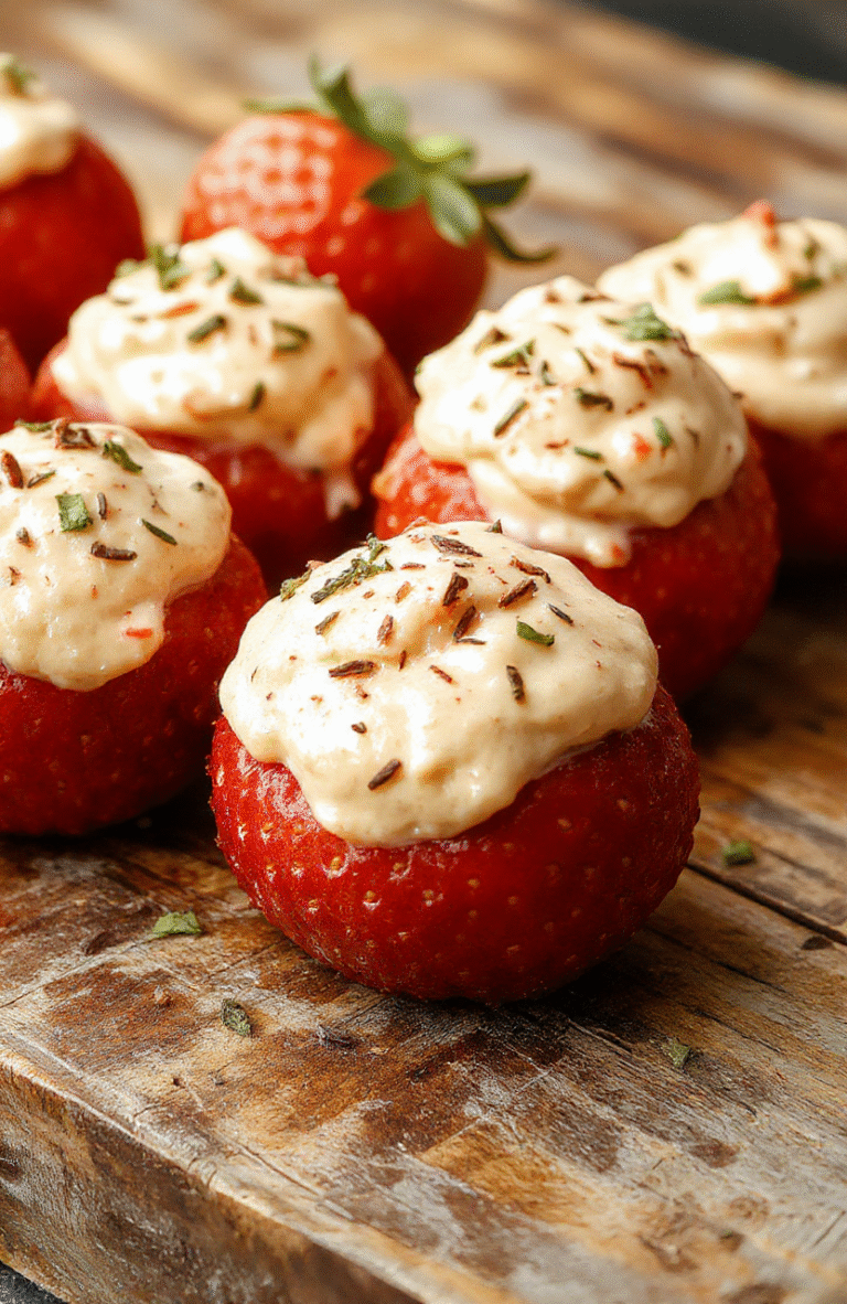A vibrant plate of deviled strawberries featuring bright red strawberries filled with a smooth, creamy mixture, garnished with tiny sprigs of mint. The background showcases a softly blurred wooden table with additional strawberries and decorative elements, highlighting the glossy texture of the fruit and the luscious filling in a colorful and inviting presentation.