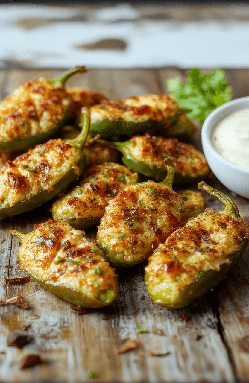 Colorful jalapeño peppers filled with creamy cheese, wrapped in crispy golden breadcrumbs, styled on a rustic wooden plate with a vibrant background, highlighting textures and spicy appeal.