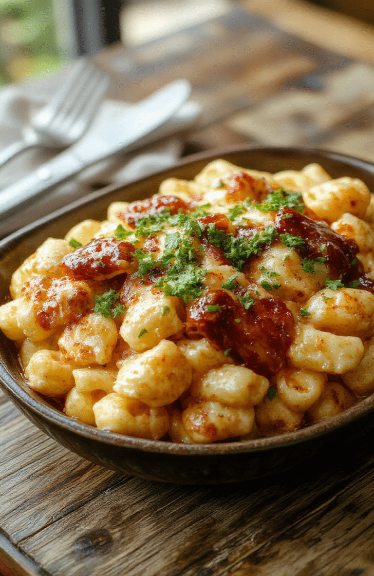 A vibrant plate of BBQ chicken mac and cheese featuring golden-brown baked cheese topping, tender shredded BBQ chicken mixed with creamy mac and cheese, garnished with chopped green onions and cilantro on a rustic wooden table.