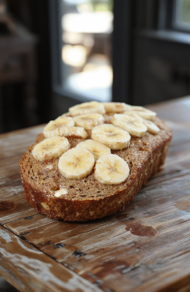 A golden-brown banana bread loaf on a rustic wooden table, sliced to reveal a moist interior with ripe banana specks, garnished with a sprig of mint and a few banana slices, styled with natural lighting highlighting its texture and inviting appearance.