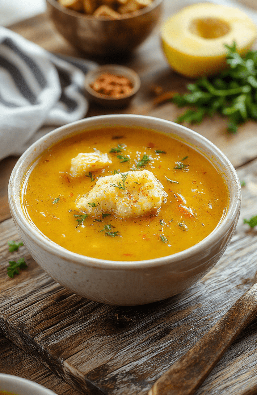 A vibrant bowl of warm turmeric chicken soup with tender shredded chicken, bright yellow turmeric-infused broth, fresh herbs, and colorful vegetables, styled on a neutral wooden surface with steam rising, casual and inviting.