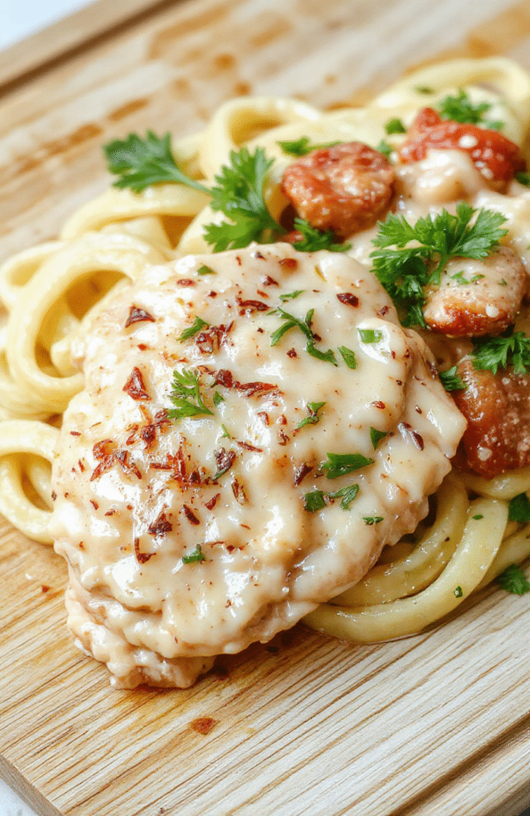 A vibrant plate of creamy garlic butter chicken with al dente fettuccine, garnished with fresh parsley and grated parmesan, served in a rustic ceramic bowl on a light wooden table with soft shadows and natural daylight.