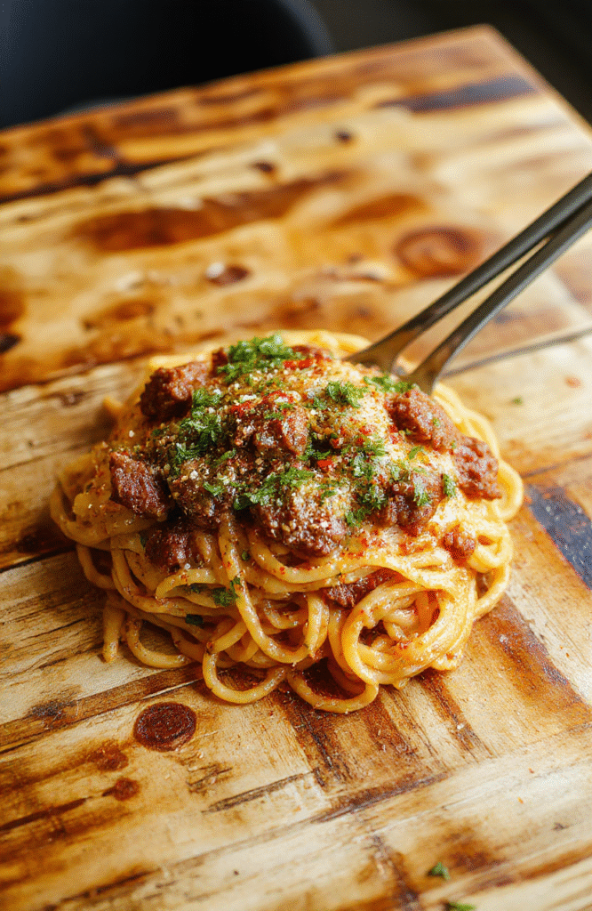 A steaming plate of spaghetti tossed with savory ground beef, green onions, garlic, soy sauce, and sesame oil, garnished with sesame seeds and red chili flakes, on a rustic wooden table under natural afternoon light.