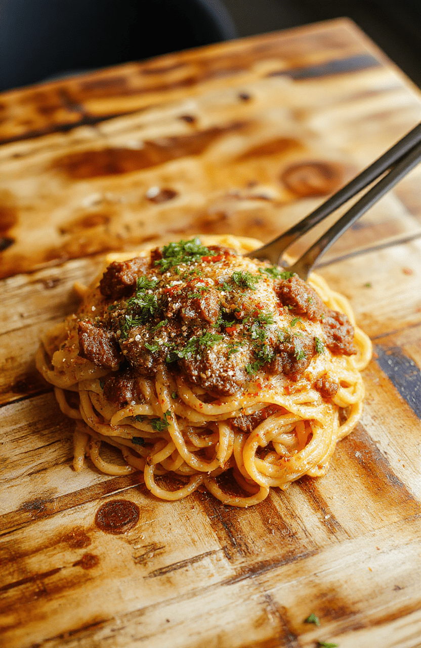 A steaming plate of spaghetti tossed with savory ground beef, green onions, garlic, soy sauce, and sesame oil, garnished with sesame seeds and red chili flakes, on a rustic wooden table under natural afternoon light.