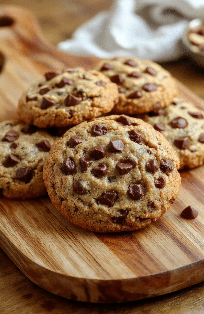 Golden-brown chocolate chip cookies with melted chocolate chips, slightly domed centers, and crisp edges resting on a rustic wooden cutting board, dusted lightly with powdered sugar, against a soft cream background with natural sunlight