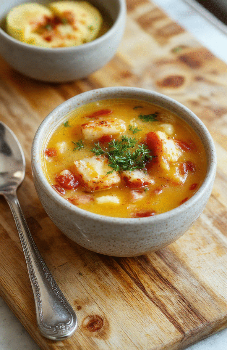 A rustic ceramic bowl filled with golden broth soup, loaded with tender shredded chicken, soft carrots, celery, and parsley, steaming slightly, placed on a light oak cutting board with a sprinkle of black pepper and a drizzle of olive oil beside it.