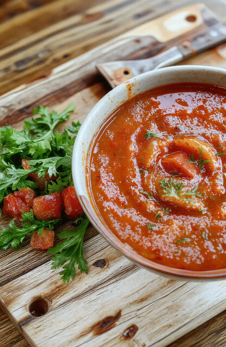 A steaming bowl of vibrant orange homemade tomato soup with a swirl of basil olive oil and a fresh basil leaf on top, served alongside a grilled cheese sandwich cut diagonally on a rustic wooden board, soft natural light from a window, shallow depth of field, cozy kitchen background with blurred shelves and green herbs