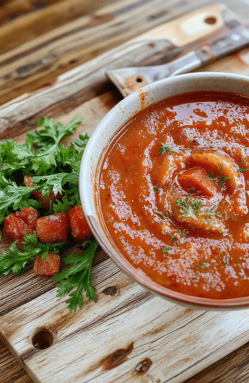 A steaming bowl of vibrant orange homemade tomato soup with a swirl of basil olive oil and a fresh basil leaf on top, served alongside a grilled cheese sandwich cut diagonally on a rustic wooden board, soft natural light from a window, shallow depth of field, cozy kitchen background with blurred shelves and green herbs