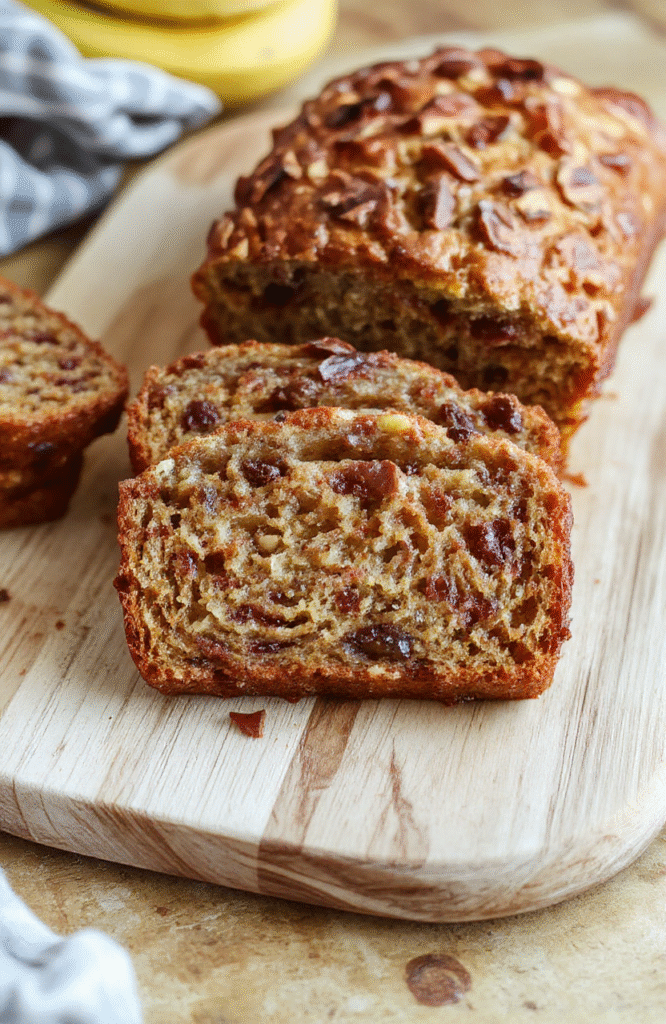 A golden-brown, slightly crusty banana bread loaf on a wire cooling rack, slices arranged beside it showing the soft, moist crumb with visible banana fragments and a hint of nuts;背景 a rustic wooden tabletop with scattered banana slices and a glass mixing bowl.