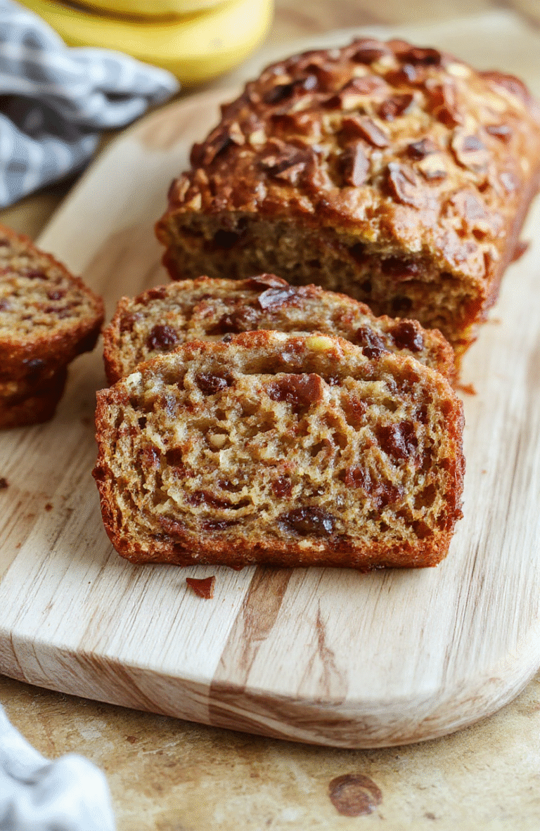 A golden-brown, slightly crusty banana bread loaf on a wire cooling rack, slices arranged beside it showing the soft, moist crumb with visible banana fragments and a hint of nuts;背景 a rustic wooden tabletop with scattered banana slices and a glass mixing bowl.