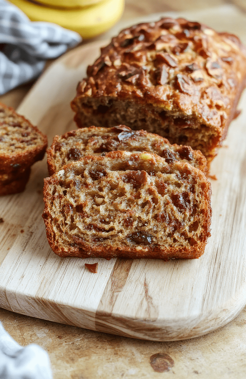 A golden-brown, slightly crusty banana bread loaf on a wire cooling rack, slices arranged beside it showing the soft, moist crumb with visible banana fragments and a hint of nuts;背景 a rustic wooden tabletop with scattered banana slices and a glass mixing bowl.