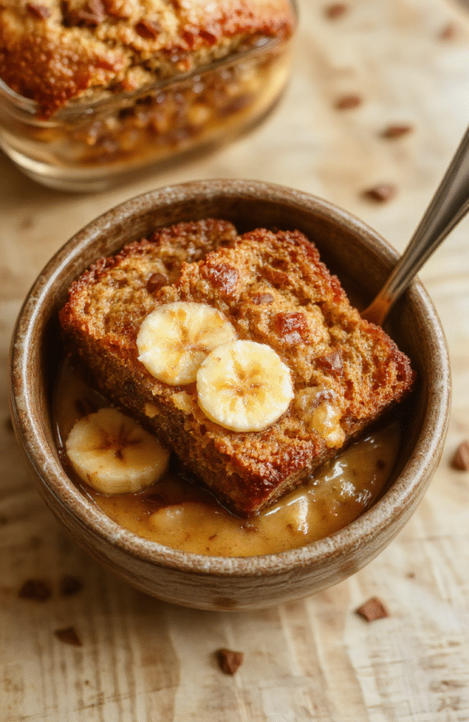 Golden-brown banana bread loaf with a crackled crust, sliced open to reveal a tender, moist crumb studded with dark chocolate chips and caramelized banana chunks, placed on a rustic wooden cutting board with scattered banana slices and a dusting of powdered sugar, natural daylight with soft shadows, shallow depth of field focus on the moist interior.