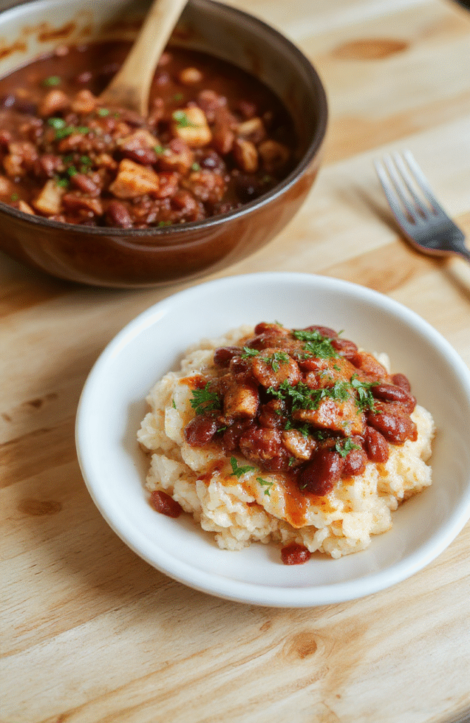 Ahearty bowl of creamy red beans with brown rice, topped with green onion slices and a drizzle of hot sauce, served in a rustic ceramic bowl on a light wooden table, steam rising gently, with a copper pot and cast iron skillet nearby