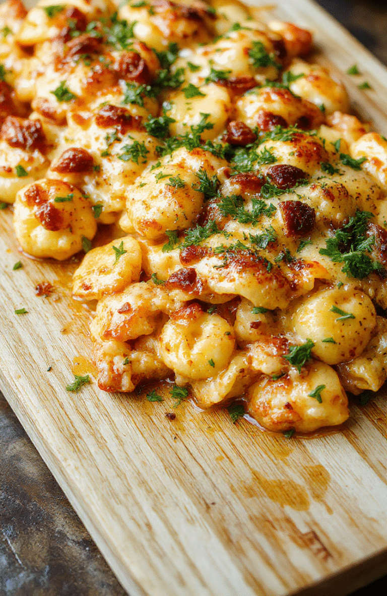 Golden-brown baked tortellini casserole in a deep ceramic dish, bubbling with melted mozzarella and parmesan, filled with ricotta and spinach, topped with fresh basil and a drizzle of olive oil, served on a rustic wooden board with a side of garlic bread and red sauce.