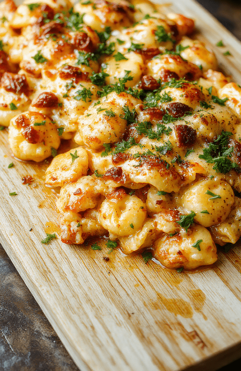 Golden-brown baked tortellini casserole in a deep ceramic dish, bubbling with melted mozzarella and parmesan, filled with ricotta and spinach, topped with fresh basil and a drizzle of olive oil, served on a rustic wooden board with a side of garlic bread and red sauce.