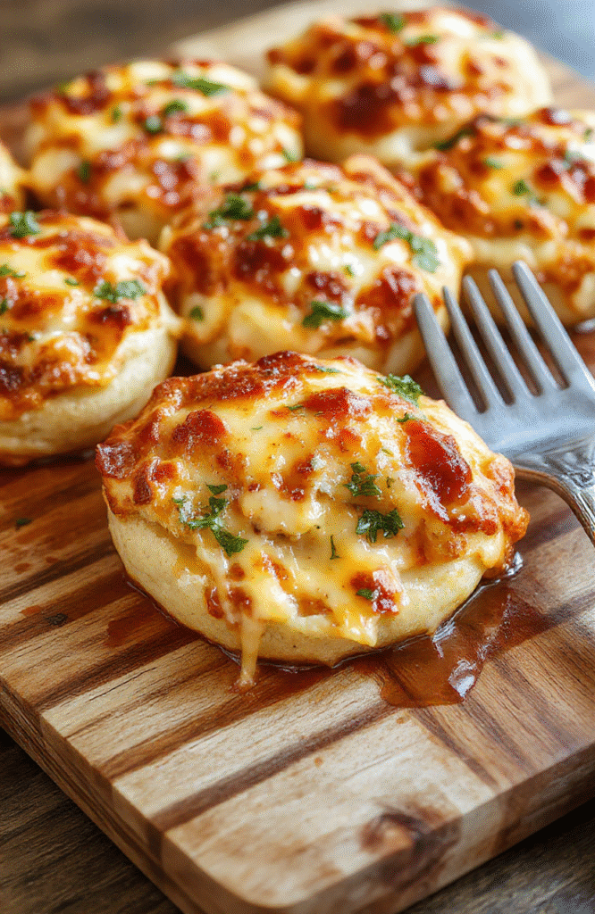 Golden-brown fluffy biscuit topping over a bubbling mix of pizza sauce, mozzarella, pepperoni, and bell peppers, served in a cast-iron skillet with melted cheese dripping down the sides.