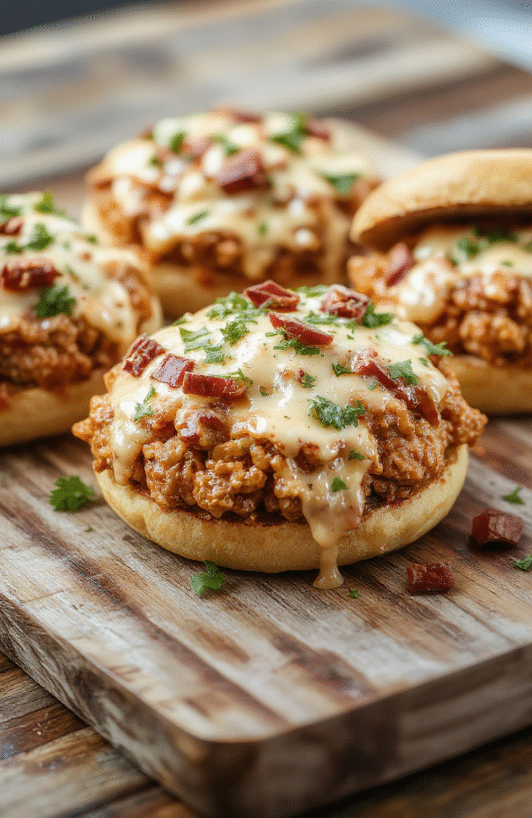 Juicy beef patties topped with caramelized onions and melted cheddar cheese on toasted brioche buns, served on a wooden board with pickles and fresh parsley, natural daylight, shallow depth of field, soft shadows.