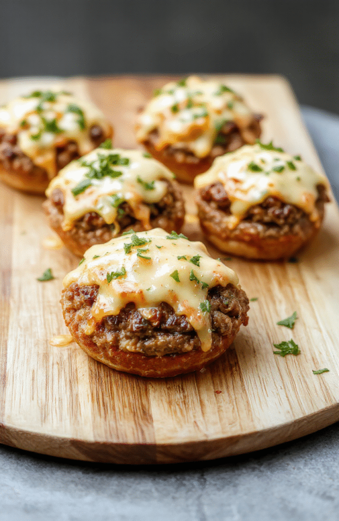 Golden-brown, half-sliced cheeseburger bombs on a white ceramic plate, oozing molten mozzarella and cheddar centers, topped with finely chopped pickles, minced onions, and a light sprinkle of fresh parsley. Background is rustic wooden table in soft natural light.