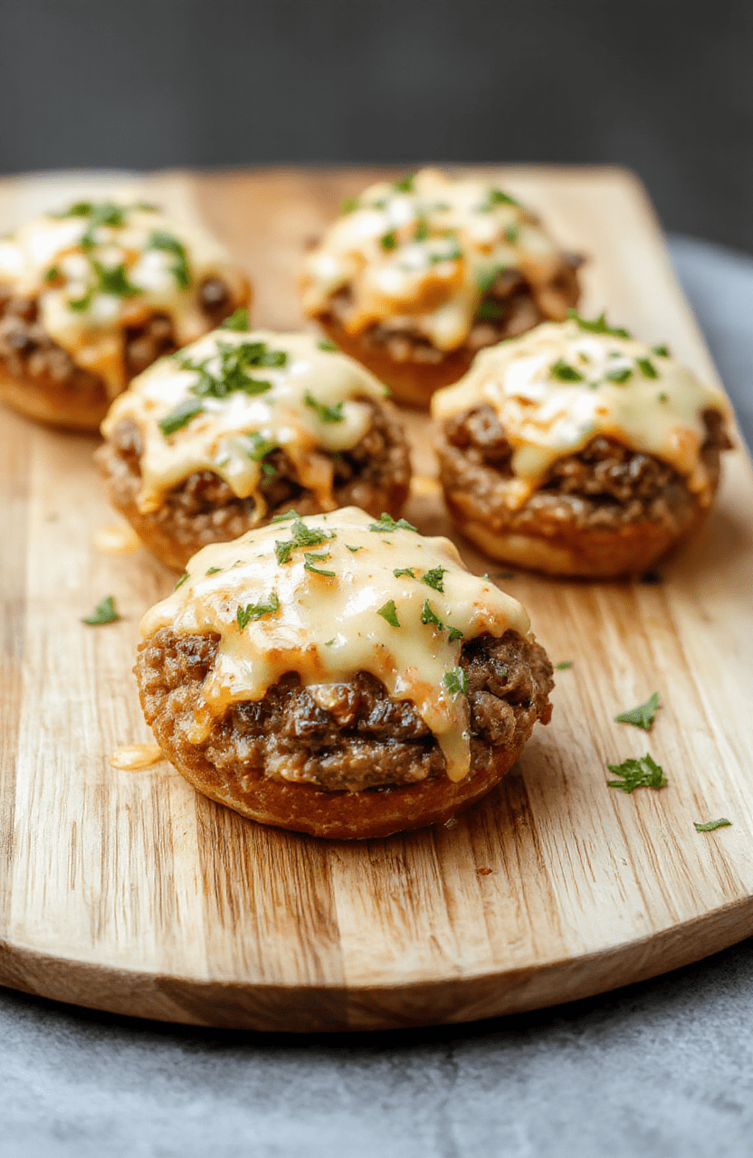 Golden-brown, half-sliced cheeseburger bombs on a white ceramic plate, oozing molten mozzarella and cheddar centers, topped with finely chopped pickles, minced onions, and a light sprinkle of fresh parsley. Background is rustic wooden table in soft natural light.