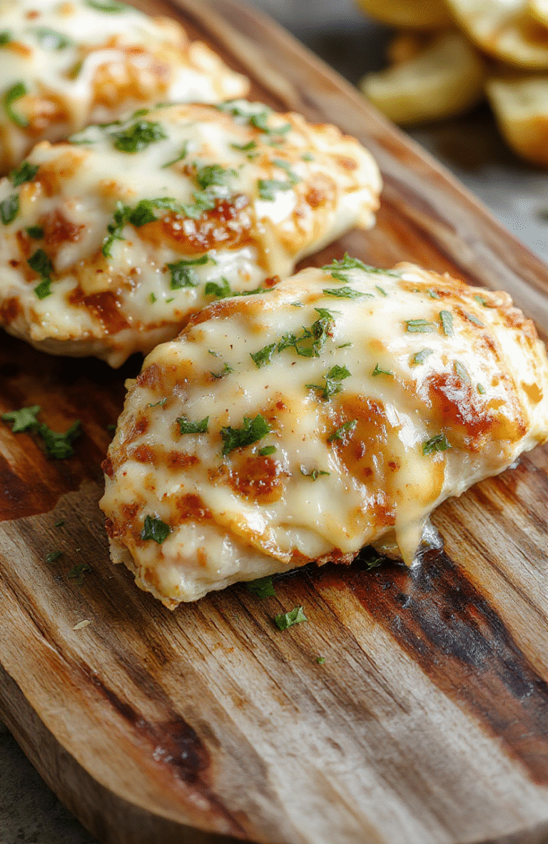 Golden-brown baked chicken breast topped with melted mozzarella and Parmesan cheese, garlicky green flecks visible, served on a white ceramic plate with a side of steamed broccoli and crusty bread.