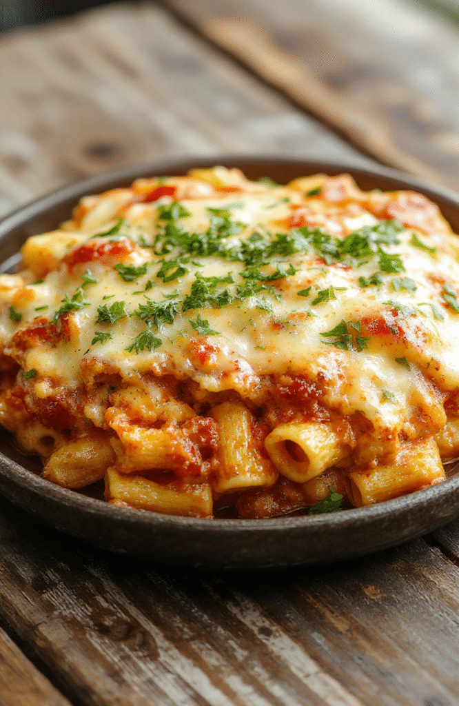 A bubbling, golden-brown cheesy rotel pasta bake in a cast-iron skillet, topped with melted sharp cheddar, cilantro, and diced Roma tomatoes, with creamy white cheese swirls and tender pasta strands peeking through.