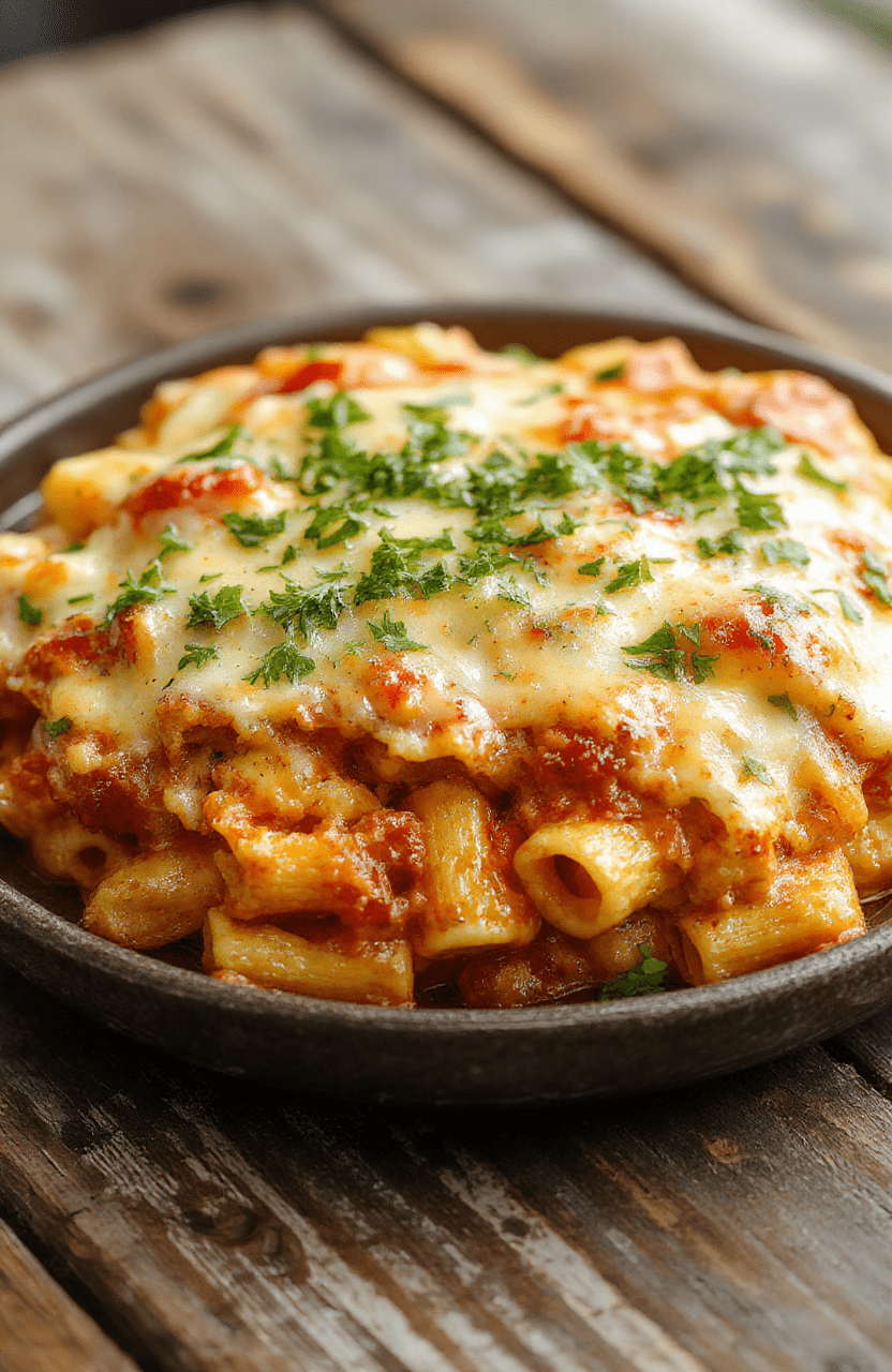 A bubbling, golden-brown cheesy rotel pasta bake in a cast-iron skillet, topped with melted sharp cheddar, cilantro, and diced Roma tomatoes, with creamy white cheese swirls and tender pasta strands peeking through.