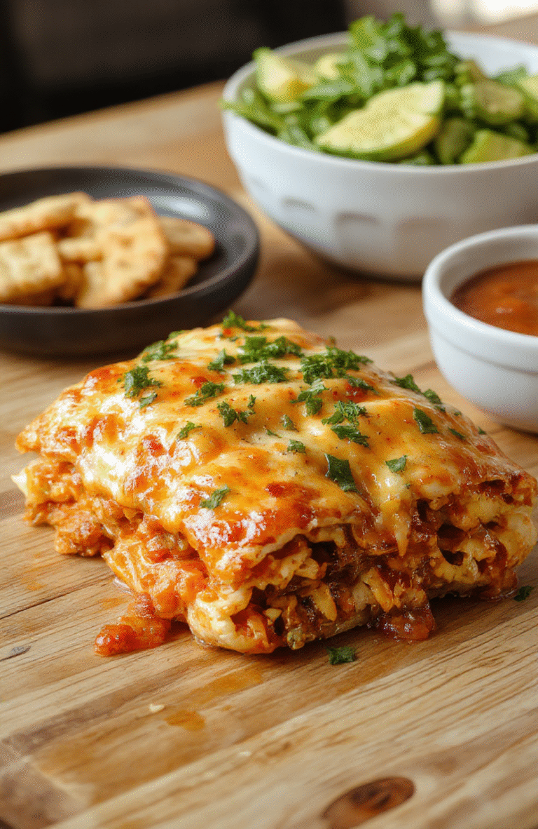 Slow cookerenchiladas dish in a cast iron skillet: golden-brown tortillas rolled around seasoned chicken and cheese, topped with melted red enchilada sauce and a generous layer of melted Monterey Jack and cheddar cheese, garnished with fresh cilantro and diced green onions, served in a rustic wooden dining setting.