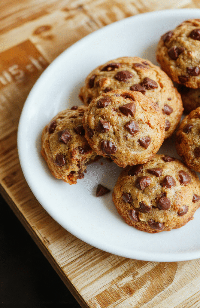 Golden-brown chewy chocolate chip cookies on a clean white ceramic plate, with melted chocolate chips oozing from edges, coarse sea salt crystals scattered on top, and a few melted chocolate drops trailing down the side, on a softly blurred kitchen countertop背景 with warm natural light and gentle shadows.