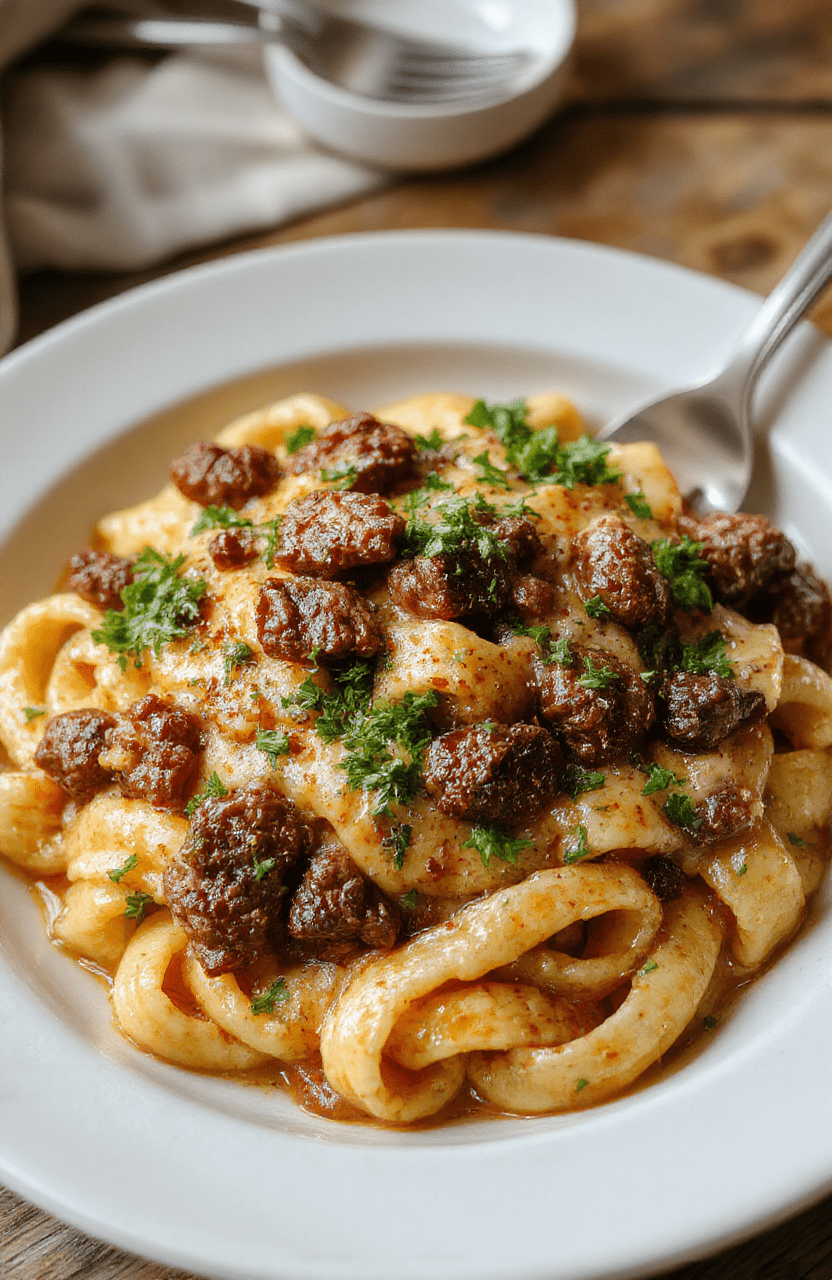 A rustic ceramic bowl filled with al dente spaghetti coated in a rich, creamy white sauce, topped with tender beef pieces and fresh parsley, served with melted cheese and cracked black pepper
