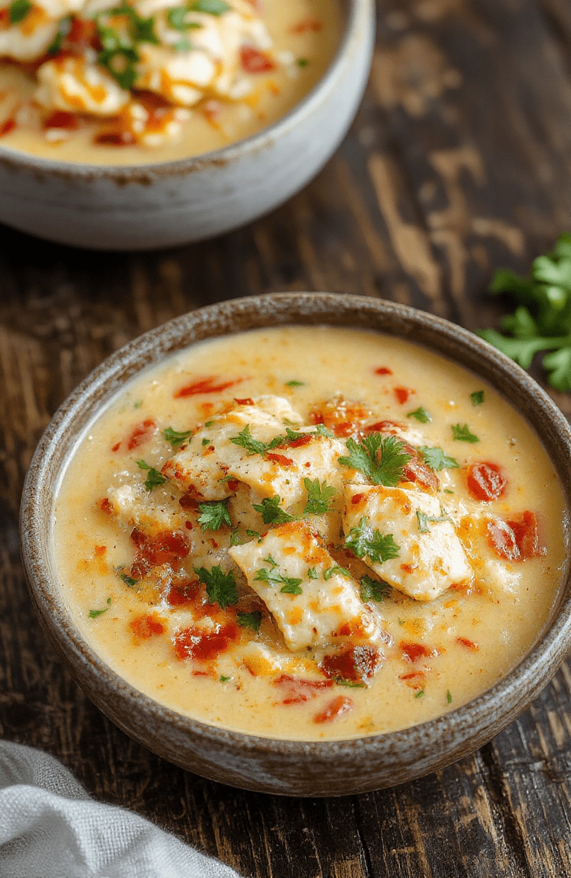 A steaming bowl of creamy chicken enchilada soup with shredded chicken, black beans, corn, and diced tomatoes in a rich red chili-laden broth, topped with shredded cheddar cheese, fresh cilantro, and a dollop of sour cream, served in a rustic ceramic bowl on a wooden table with soft natural lighting.