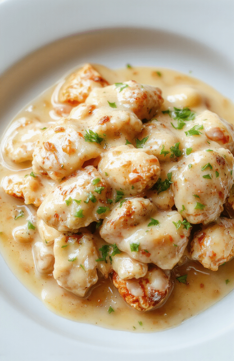 Golden-brown seared chicken breasts resting on a bed of fluffy mashed potatoes, smothered in rich, velvety garlic-herb gravy with visible herbs and a glossy sheen. Side of roasted green beans adds fresh color contrast on a rustic porcelain plate.