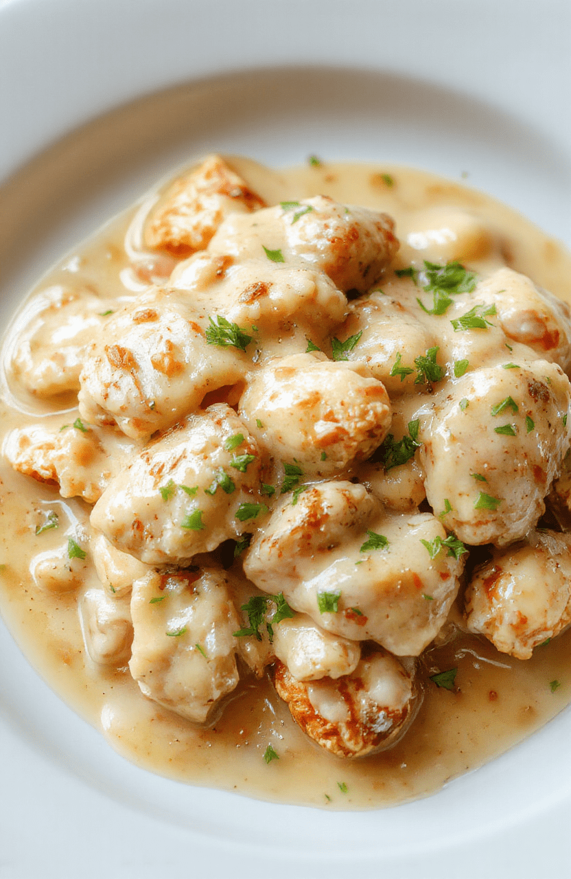 Golden-brown seared chicken breasts resting on a bed of fluffy mashed potatoes, smothered in rich, velvety garlic-herb gravy with visible herbs and a glossy sheen. Side of roasted green beans adds fresh color contrast on a rustic porcelain plate.
